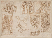 K II 048
<br/>
Schetsblad met diverse composities
<br/>
<em>Campagnola, Domenico (1482/1500-1564) - omgeving van</em>